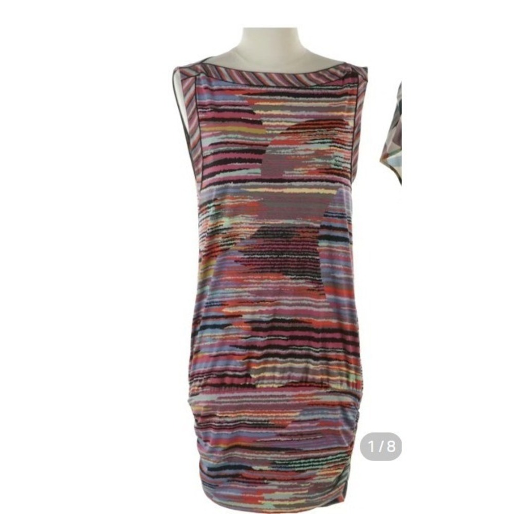 BCBGMAXAZRIA Womens Small Multicolor Abstract Stripe Ruched Mini Dress‎
